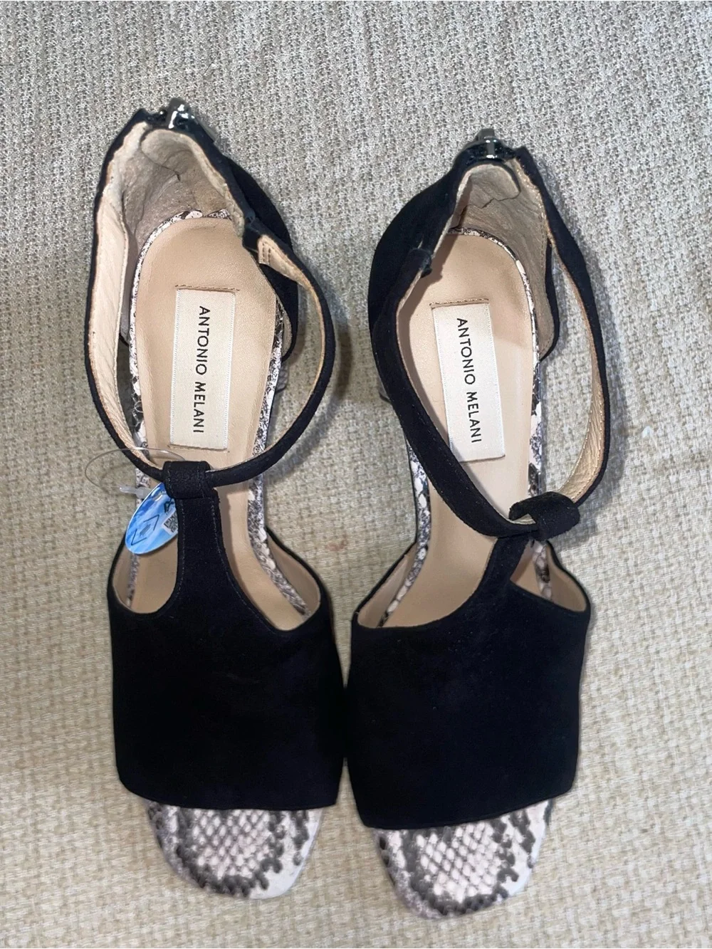 ANTONIO MELANI Black Suede Open-Toe Heels with Snake-Print Block Heel